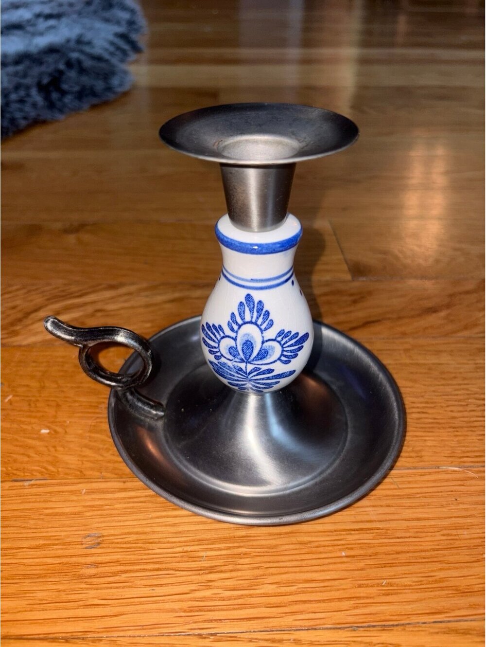 vintage blue and white ceramic and pewter-finish metal chamberstick candleholder